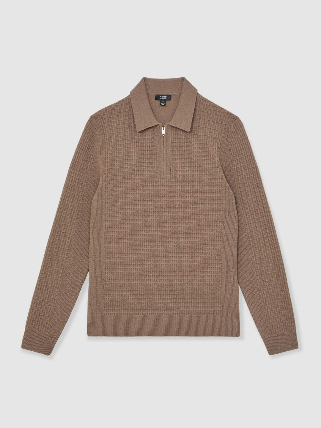 Wool Waffle-Knit Half-Zip Polo Shirt in Camel Brown Men | Reiss