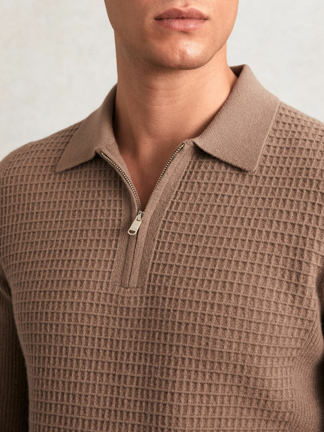 Wool Waffle-Knit Half-Zip Polo Shirt in Camel Brown Men | Reiss