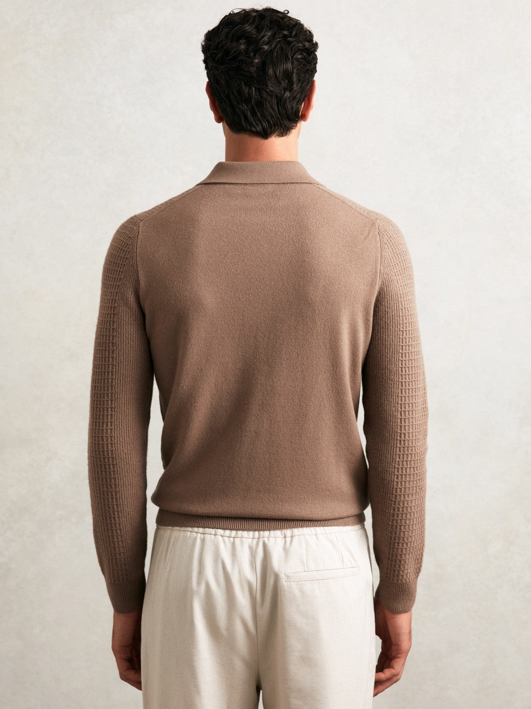 Wool Waffle-Knit Half-Zip Polo Shirt in Camel Brown Men | Reiss