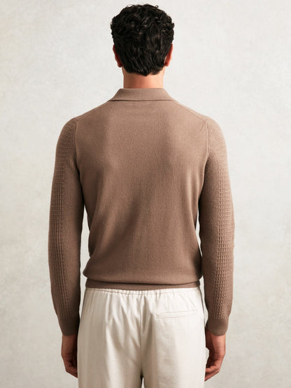 Wool Waffle-Knit Half-Zip Polo Shirt in Camel Brown Men | Reiss