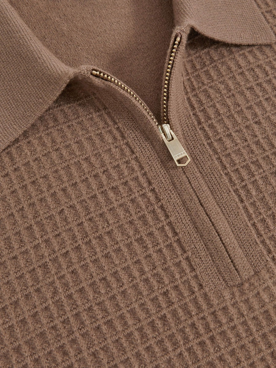 Wool Waffle-Knit Half-Zip Polo Shirt in Camel Brown Men | Reiss