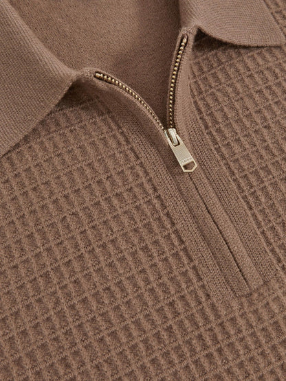 Wool Waffle-Knit Half-Zip Polo Shirt in Camel Brown Men | Reiss
