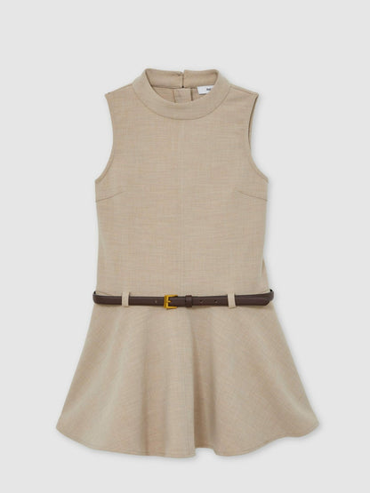 9-13 yrs Drop Waist Belted Sleeveless Dress in Neutral Children & Baby | Reiss