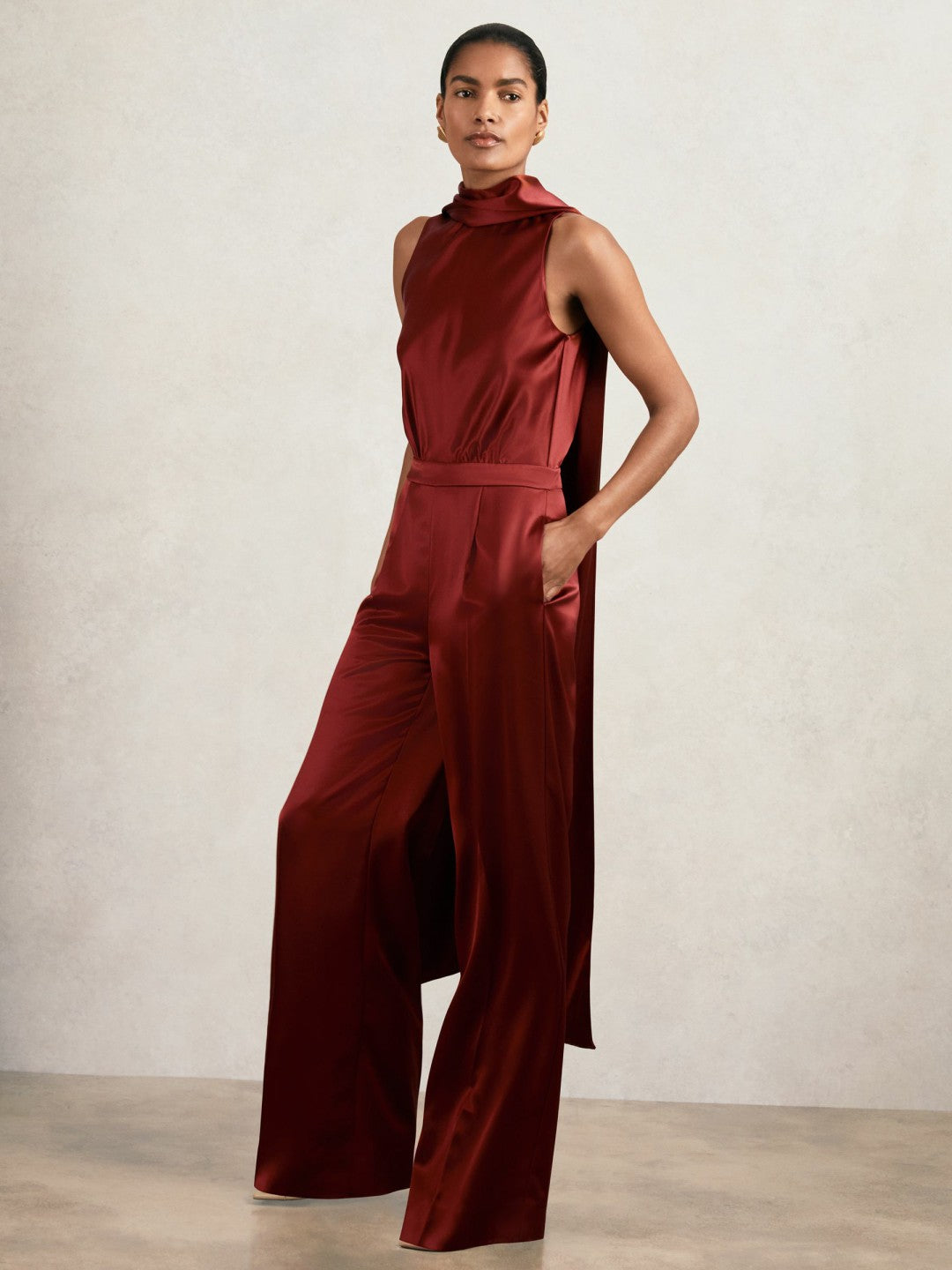 Satin Cape-Sash Jumpsuit in Dark Red Women | Reiss