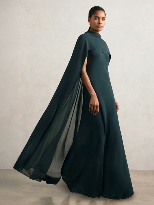 Petite Crepe Cape Maxi Dress in Teal Green Women | Reiss