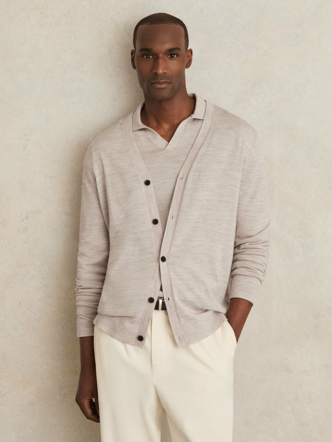Merino Wool Button-Through Cardigan in Wicker Brown Melange Men | Reiss