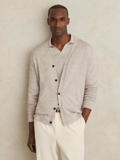 Merino Wool Button-Through Cardigan in Wicker Brown Melange Men | Reiss