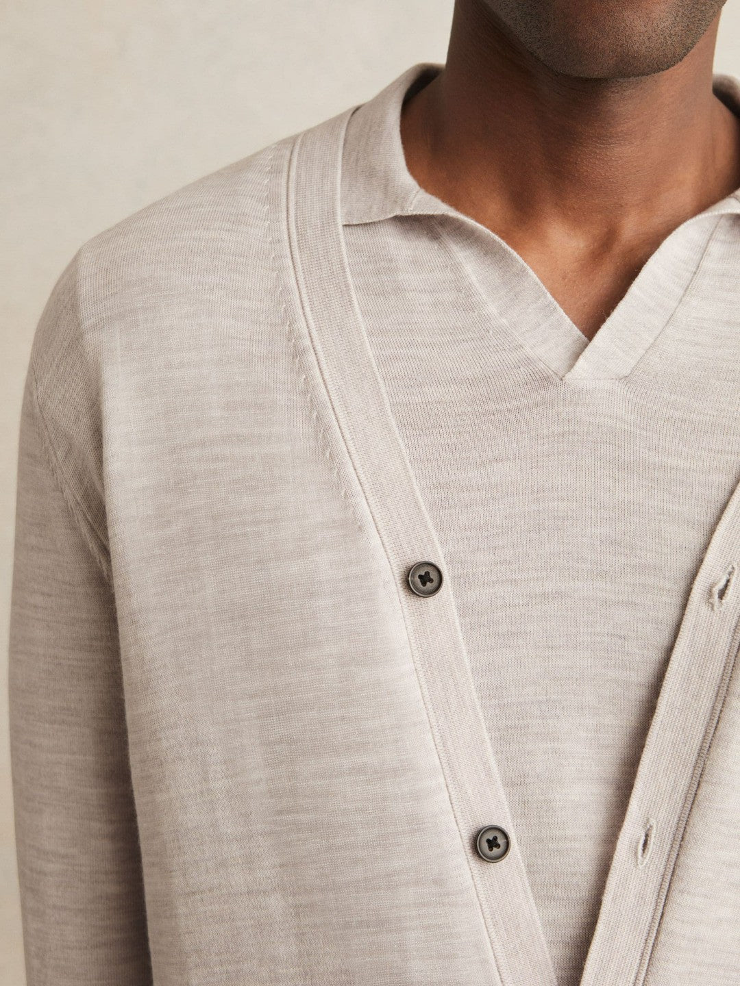 Merino Wool Button-Through Cardigan in Wicker Brown Melange Men | Reiss
