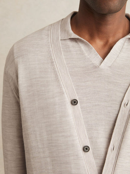 Merino Wool Button-Through Cardigan in Wicker Brown Melange Men | Reiss