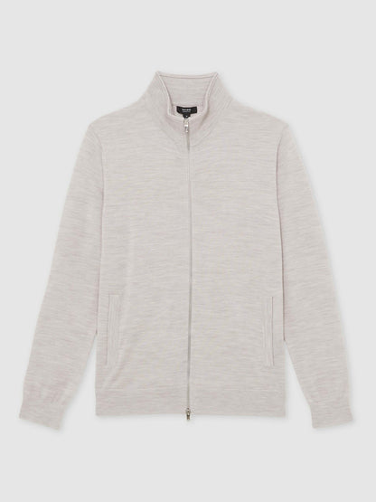 Merino Wool Zip Through Cardigan in Wicker Brown Melange Men | Reiss