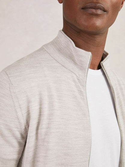 Merino Wool Zip Through Cardigan in Wicker Brown Melange Men | Reiss