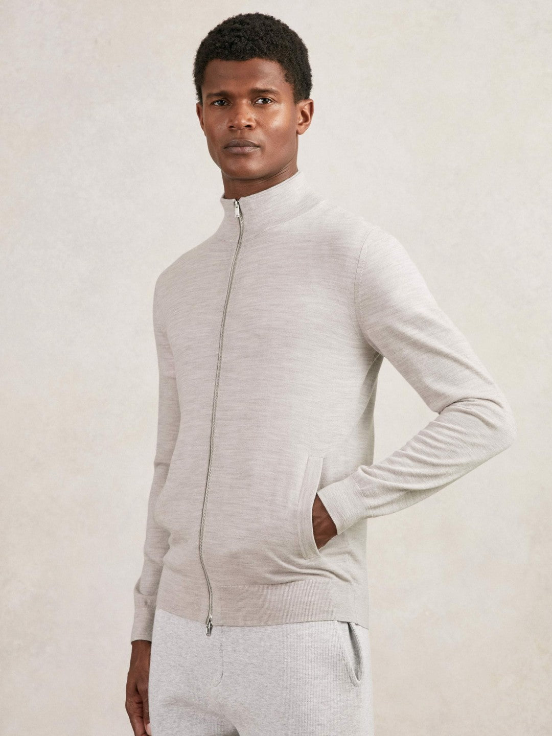 Merino Wool Zip Through Cardigan in Wicker Brown Melange Men | Reiss