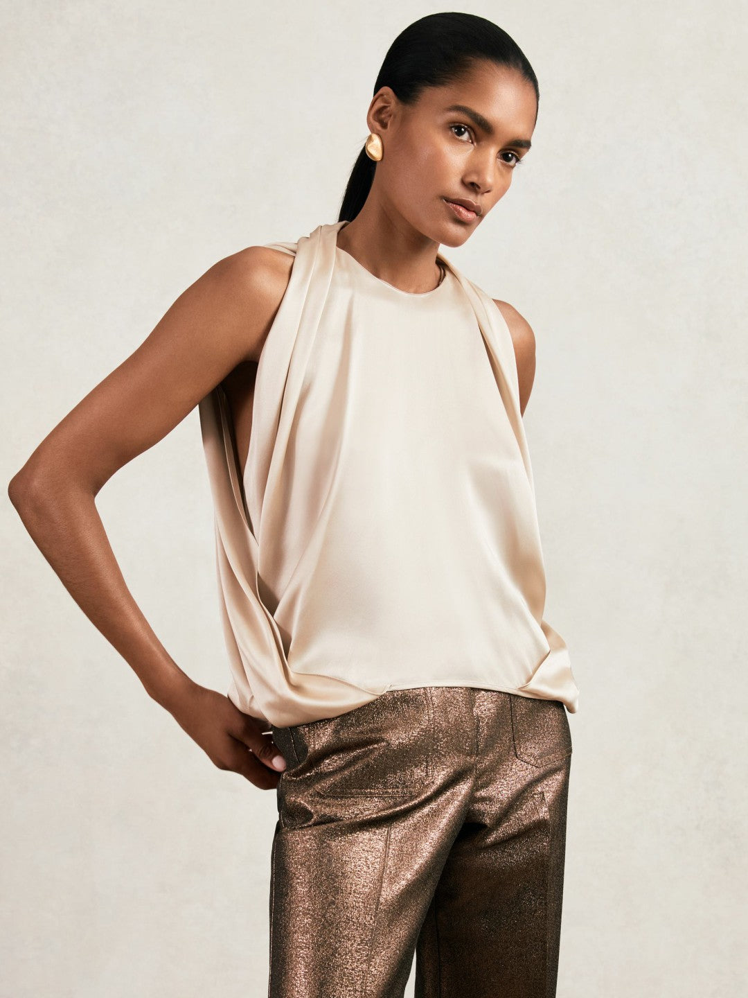 Silk Draped Sleeveless Top in Champagne Neutral Women | Reiss