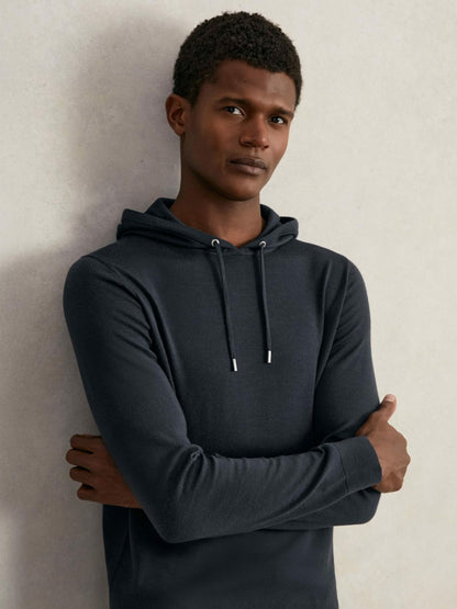 Merino Wool Drawstring Hoodie in Midnight Navy Men | Reiss