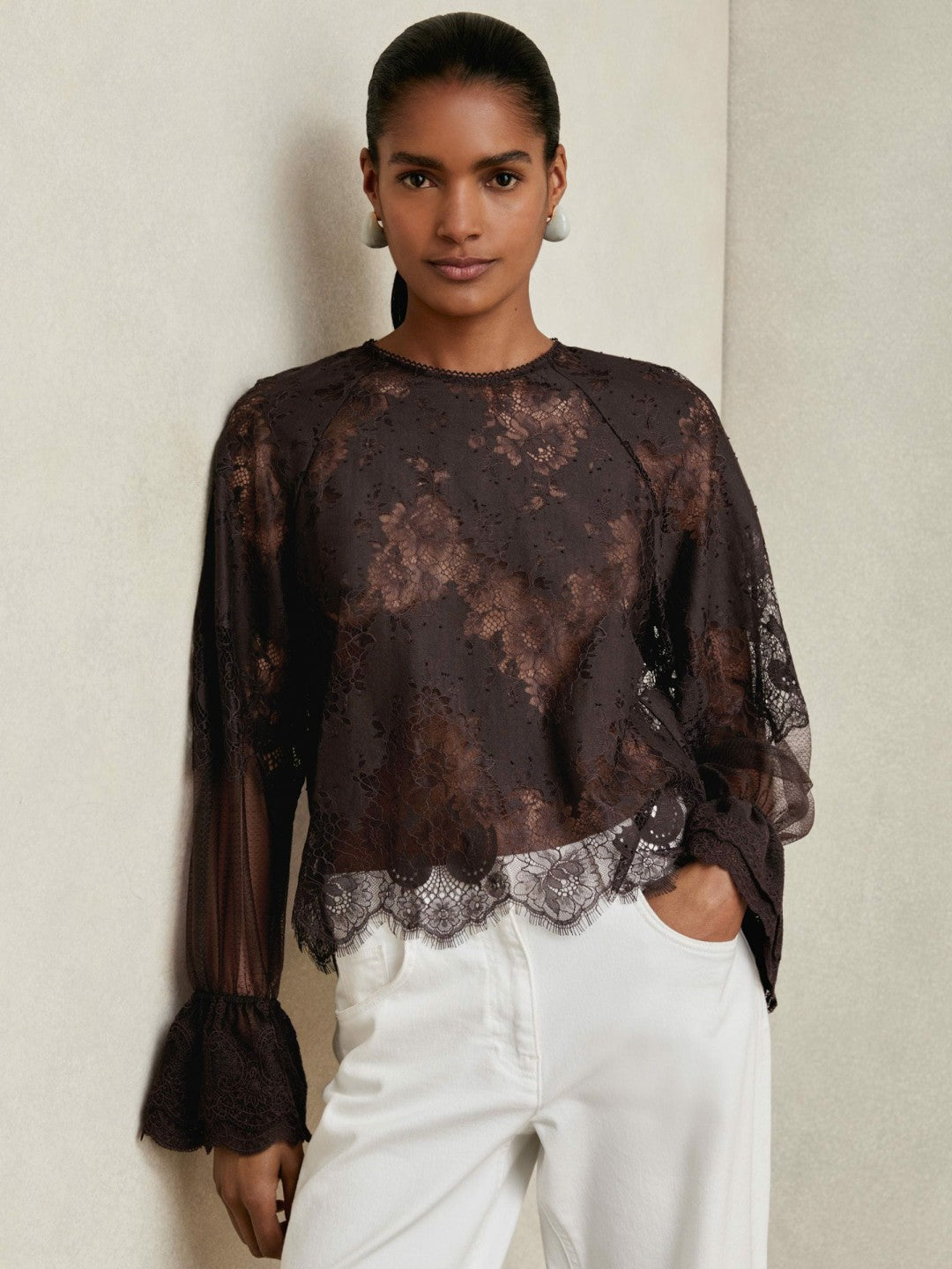 Lace Flared Cuff Blouse in Chocolate Brown Women | Reiss