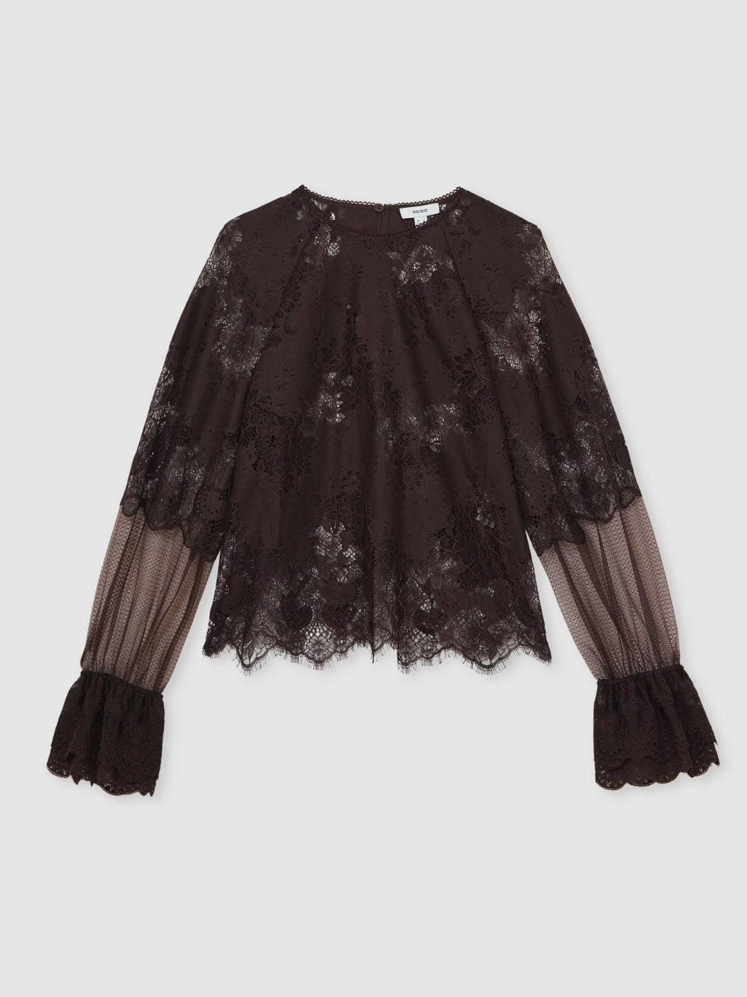 Lace Flared Cuff Blouse in Chocolate Brown Women | Reiss