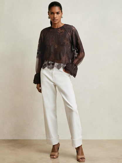 Lace Flared Cuff Blouse in Chocolate Brown Women | Reiss