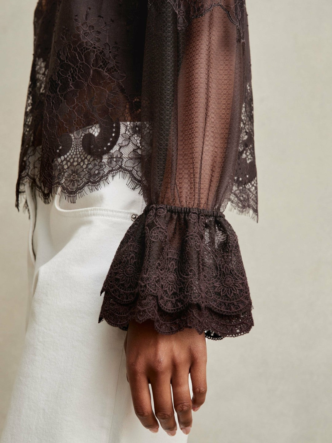 Lace Flared Cuff Blouse in Chocolate Brown Women | Reiss