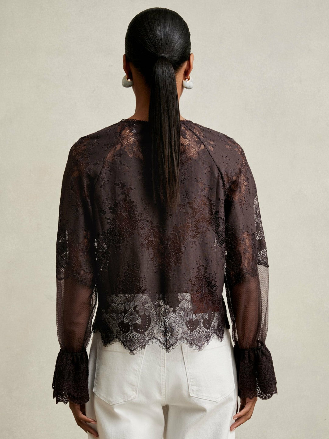 Lace Flared Cuff Blouse in Chocolate Brown Women | Reiss