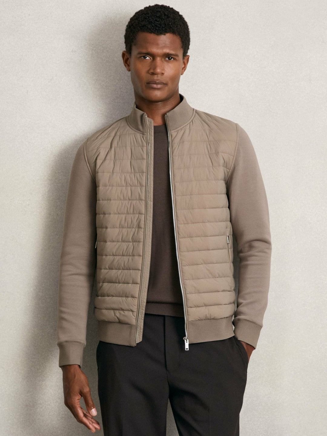 Hybrid Quilt and Knit Zip-Through Jacket in Taupe Brown Men | Reiss