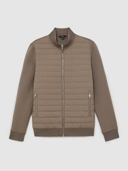Hybrid Quilt and Knit Zip-Through Jacket in Taupe Brown Men | Reiss
