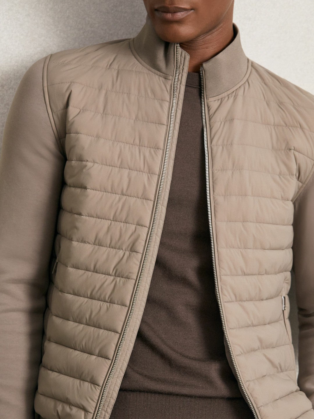 Hybrid Quilt and Knit Zip-Through Jacket in Taupe Brown Men | Reiss