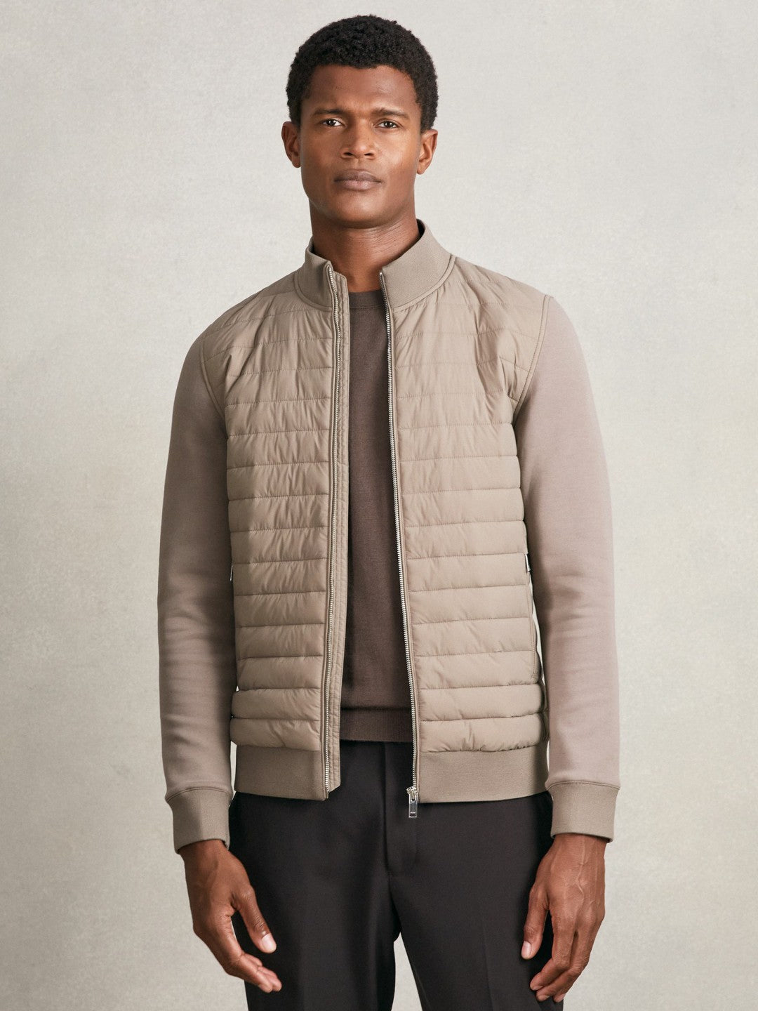 Hybrid Quilt and Knit Zip-Through Jacket in Taupe Brown Men | Reiss