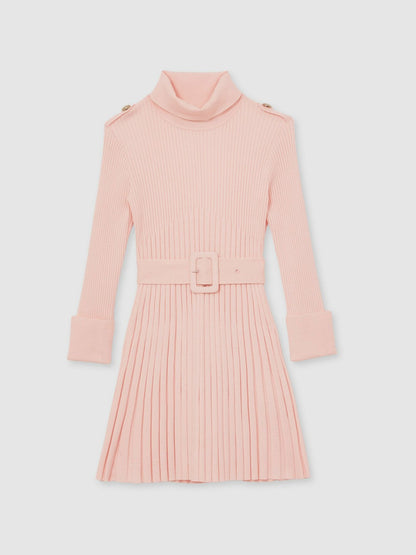 13-14 yrs Rib-Knit Roll-Neck Belted Dress in Pink Children & Baby | Reiss