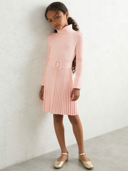 3-9 yrs Rib-Knit Roll-Neck Belted Dress in Pink Children & Baby | Reiss