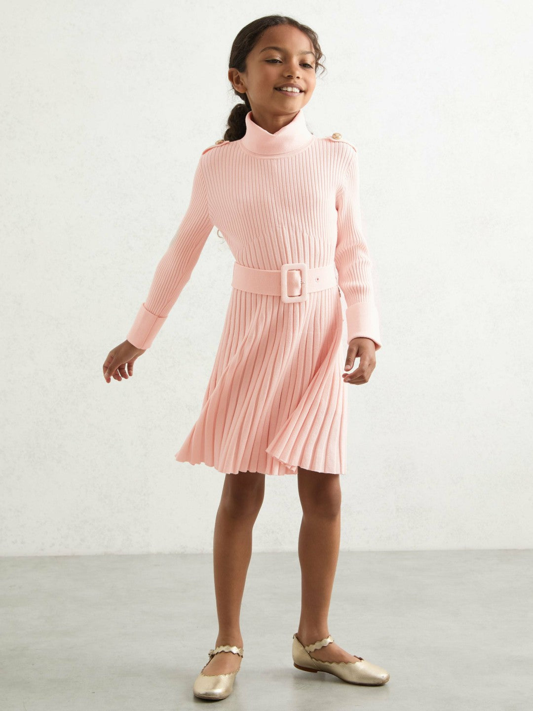 3-9 yrs Rib-Knit Roll-Neck Belted Dress in Pink Children & Baby | Reiss