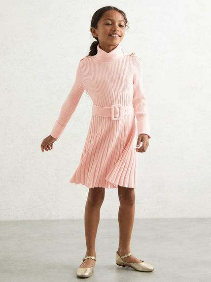 3-9 yrs Rib-Knit Roll-Neck Belted Dress in Pink Children & Baby | Reiss
