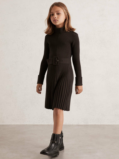 3-9 yrs Rib-Knit Roll-Neck Belted Dress in Chocolate Children & Baby | Reiss