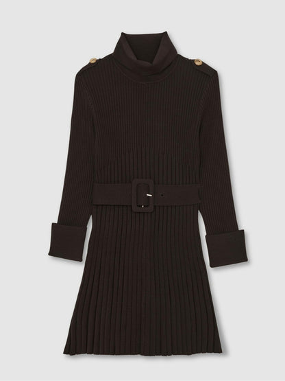 3-9 yrs Rib-Knit Roll-Neck Belted Dress in Chocolate Children & Baby | Reiss