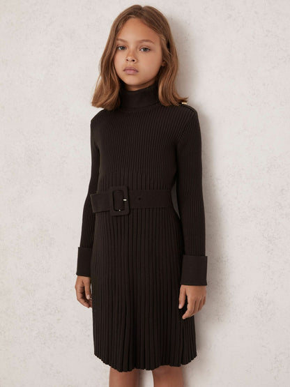 3-9 yrs Rib-Knit Roll-Neck Belted Dress in Chocolate Children & Baby | Reiss