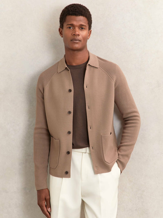 Button-Through Ribbed-Sleeve Shirt in Camel Brown Men | Reiss