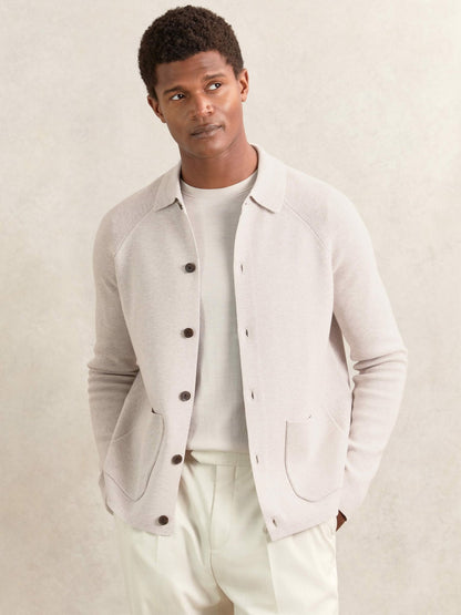 Button-Through Ribbed-Sleeve Shirt in Oatmeal Brown Men | Reiss