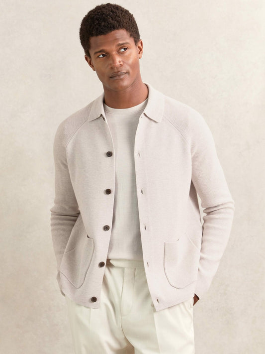Button-Through Ribbed-Sleeve Shirt in Oatmeal Brown Men | Reiss
