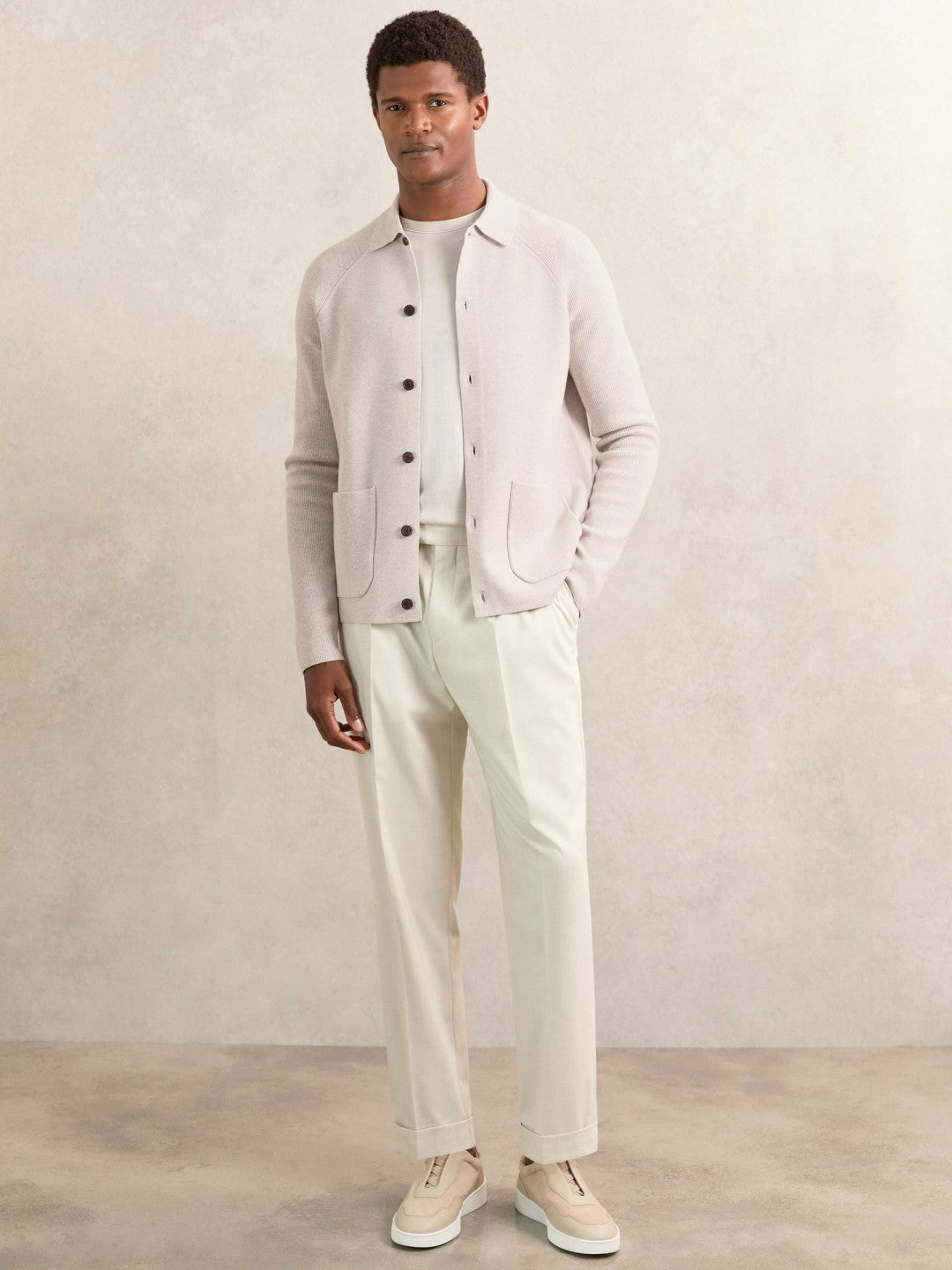 Button-Through Ribbed-Sleeve Shirt in Oatmeal Brown Men | Reiss
