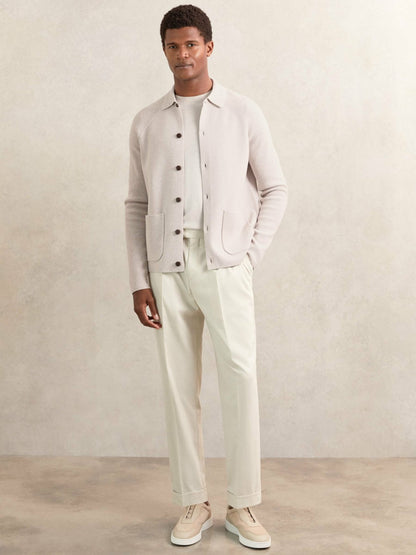 Button-Through Ribbed-Sleeve Shirt in Oatmeal Brown Men | Reiss