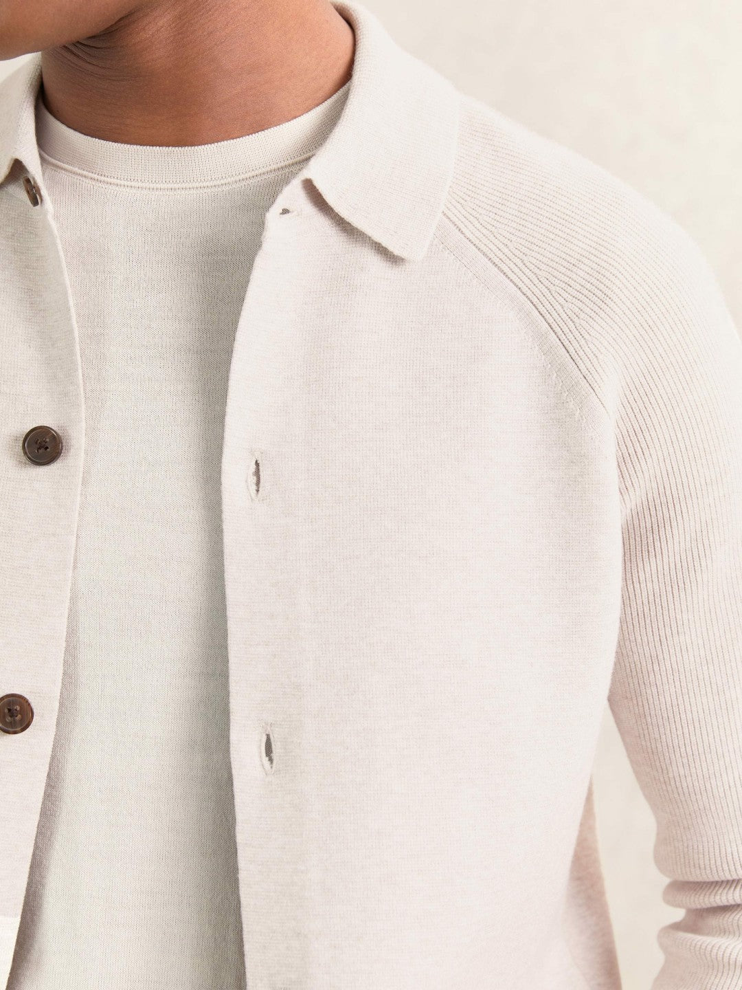 Button-Through Ribbed-Sleeve Shirt in Oatmeal Brown Men | Reiss