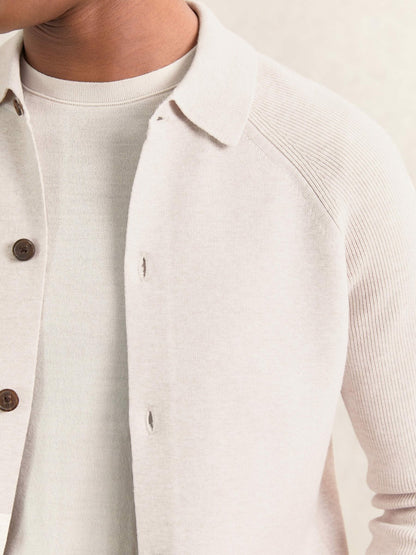 Button-Through Ribbed-Sleeve Shirt in Oatmeal Brown Men | Reiss