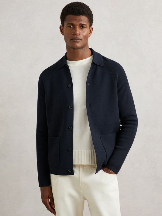 Button-Through Ribbed-Sleeve Shirt in Navy Blue Men | Reiss