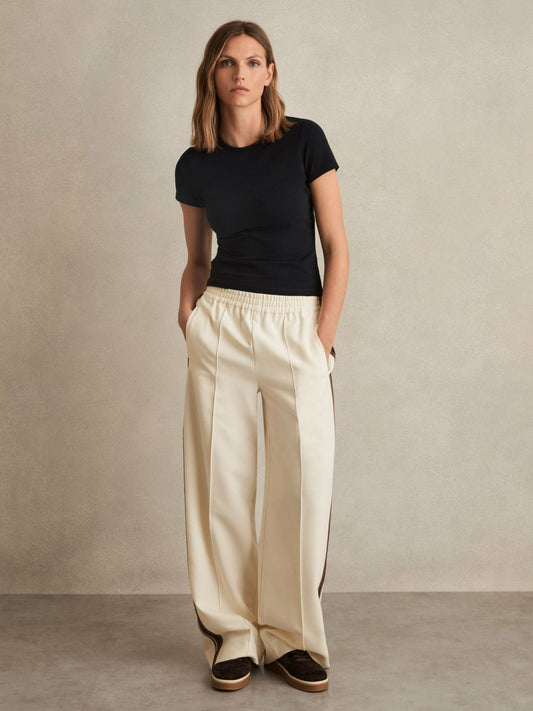 Petite Side-Stripe Wide-Leg Trousers in Cream Women | Reiss