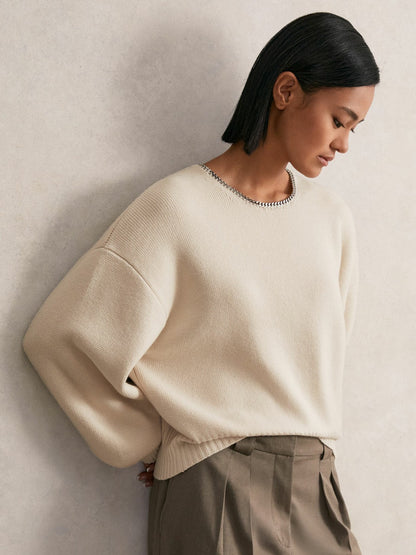Wool-Blend Necklace-Trim Jumper with Cashmere in Cream Women | Reiss