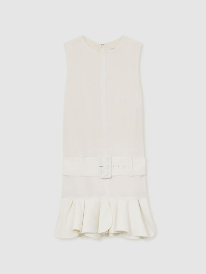 Ruffle Hem Belted Mini Dress in Ivory Women | Reiss