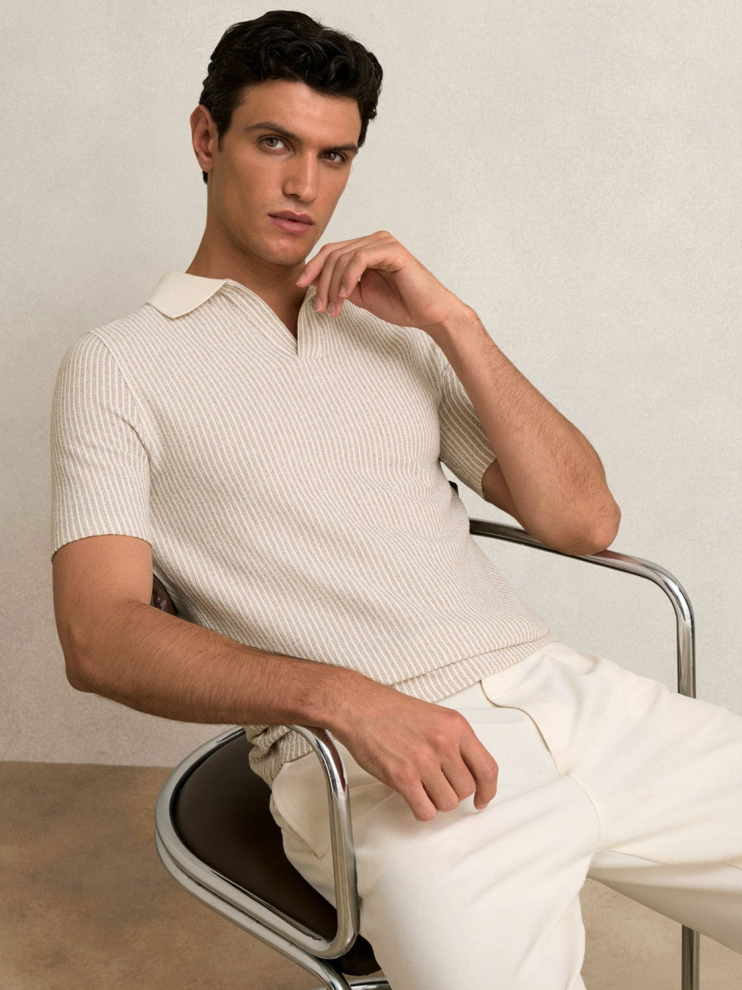 Cotton-Blend Stripe Polo Shirt in Ecru/Taupe Brown Men | Reiss