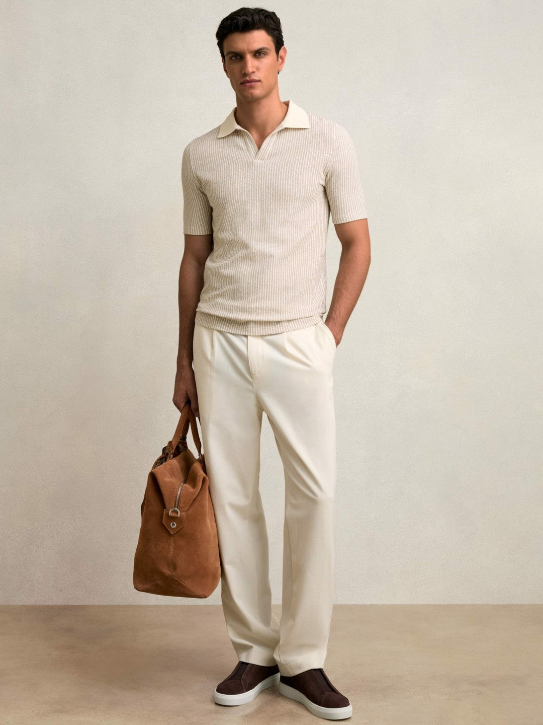 Cotton-Blend Stripe Polo Shirt in Ecru/Taupe Brown Men | Reiss