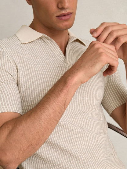 Cotton-Blend Stripe Polo Shirt in Ecru/Taupe Brown Men | Reiss