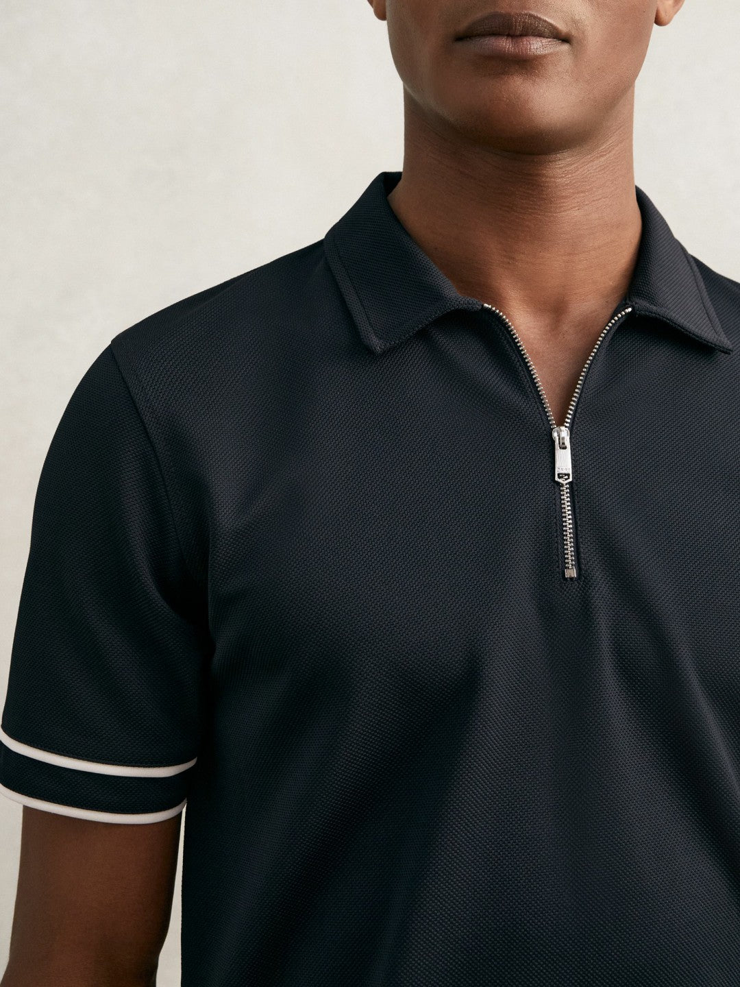 Textured Half-Zip Tipped Polo Shirt in Navy Men | Reiss