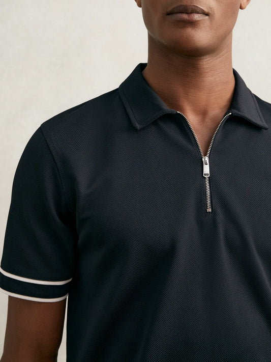 Textured Half-Zip Tipped Polo Shirt in Navy Men | Reiss